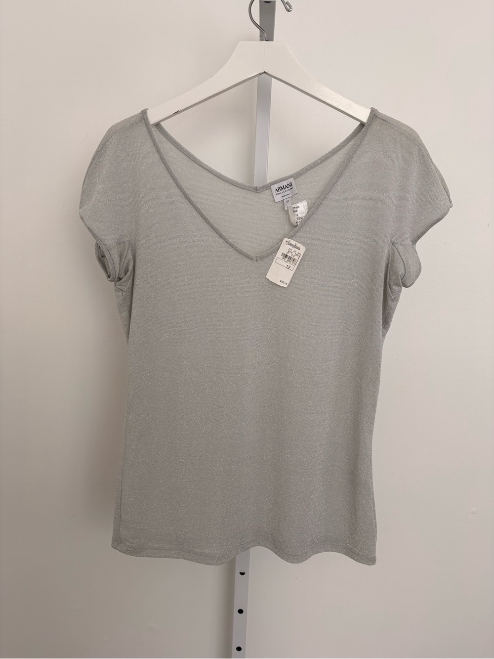Armani Collezioni Silver Short Sleeve V-Neck Shimmer Top